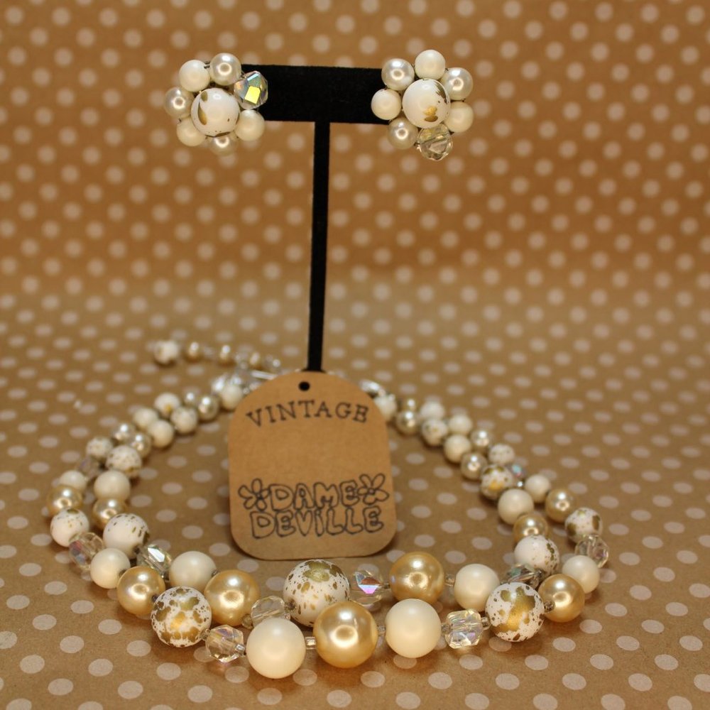 True Vintage 1950-60s Pearl, Gold, Glass Beaded Necklace and Earring Set